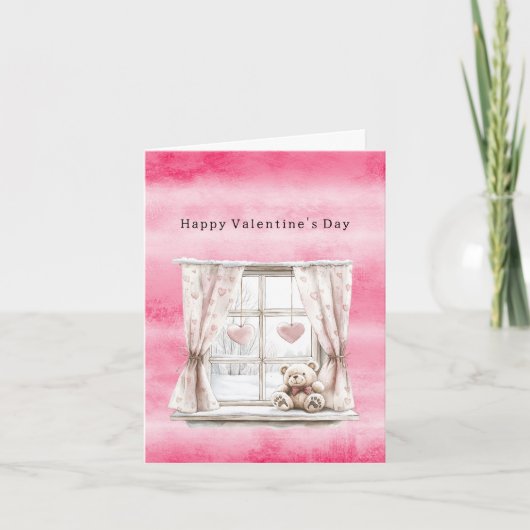 Valentine's Day Window Hearts Teddy Bear Love カード (正面)