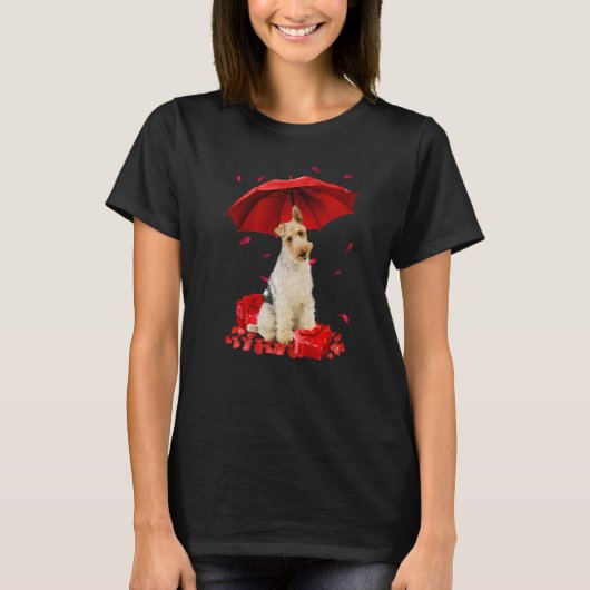 Valentines Day Wire Fox Terrier Umbrella Heart Pup Tシャツ (正面)