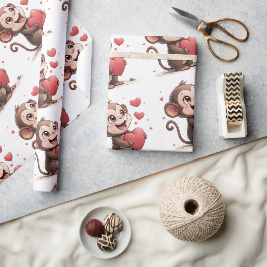 Valentine's Day Wrapping Paper Monkey Red Hearts ラッピングペーパー (クラフト)