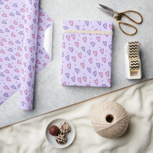 Valentine's Day Wrapping Paper Pink & PurpleHearts ラッピングペーパー (クラフト)