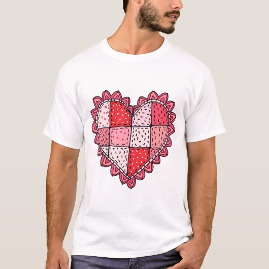 Valentine's Doodle Art Style Faux Patchwork Heart  Tシャツ (正面)