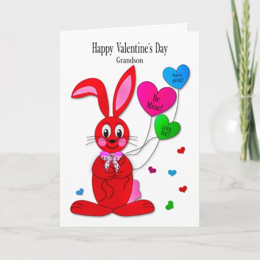 Valentines  Grandson Red Bunny Heart Balloons Card カード (正面)