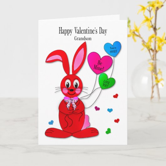 Valentines  Grandson Red Bunny Heart Balloons Card カード (黄色い花)
