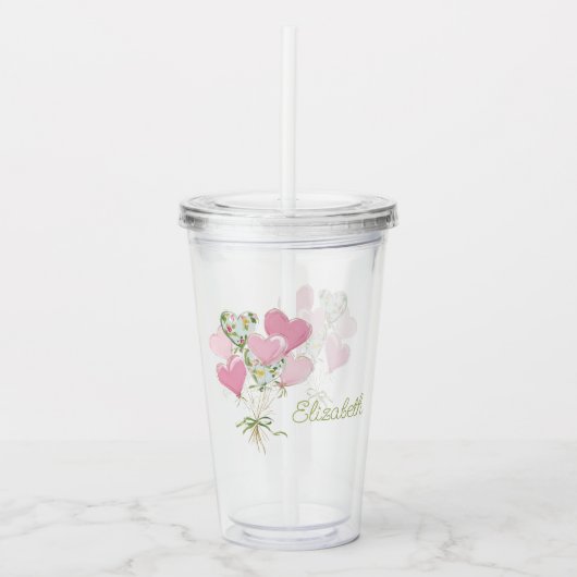 Valentine's Heart Pink and Green Heart Balloons アクリルタンブラー (正面)