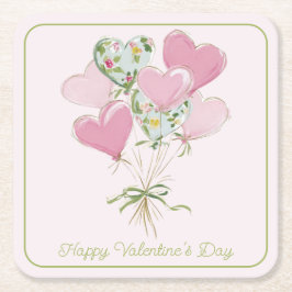 Valentine's Heart Pink and Green Heart Balloons スクエアペーパーコースター