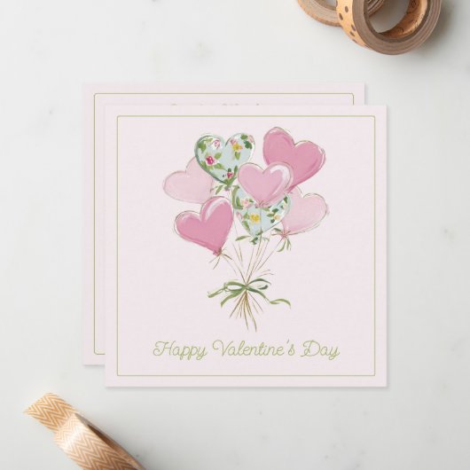 Valentine's Heart Pink and Green Heart Balloons ノートカード (正面/裏面インサイチュ)