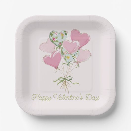 Valentine's Heart Pink and Green Heart Balloons ペーパープレート (正面)