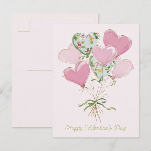 Valentine's Heart Pink and Green Heart Balloons ポストカード (正面/裏面)