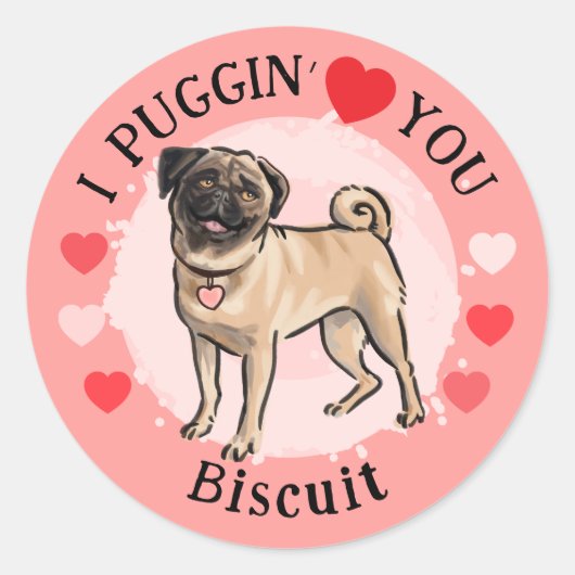 Valentines Pug love pink hearts sticker set ラウンドシール (正面)