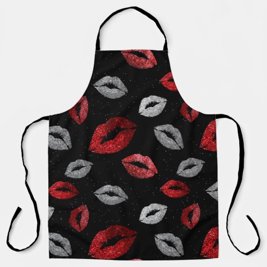 Valentines Red Silver Glitter Lips on Black  エプロン (正面)