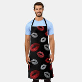 Valentines Red Silver Glitter Lips on Black  エプロン (着用した状態)