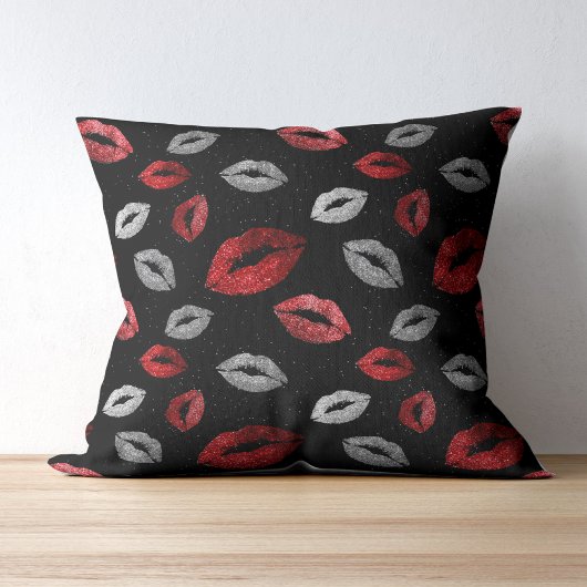 Valentines Red Silver Glitter Lips on Black  クッション