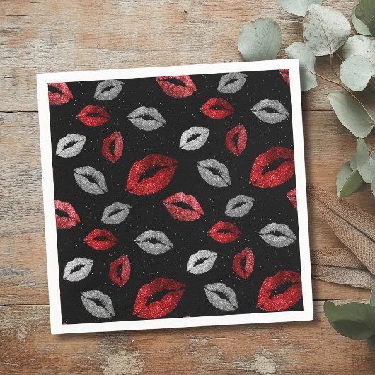 Valentines Red Silver Glitter Lips on Black  スタンダードカクテルナプキン