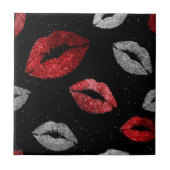 Valentines Red Silver Glitter Lips on Black  タイル (正面)