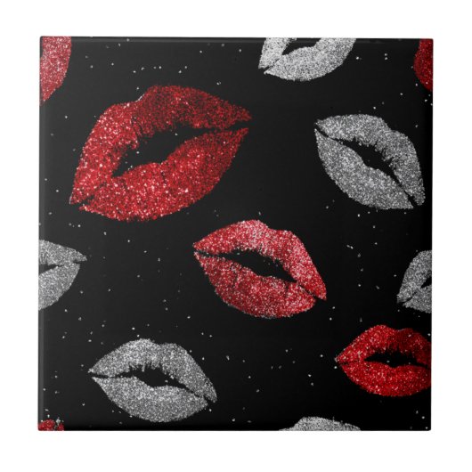 Valentines Red Silver Glitter Lips on Black  タイル (正面)