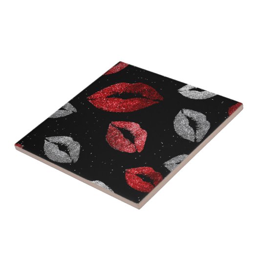 Valentines Red Silver Glitter Lips on Black  タイル (側面)