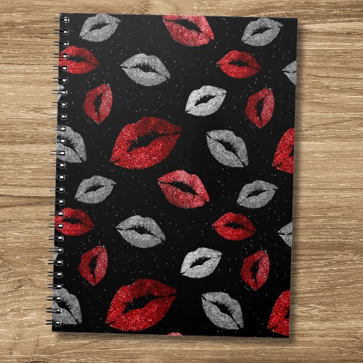Valentines Red Silver Glitter Lips on Black  ノートブック