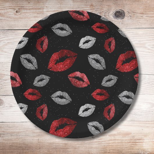 Valentines Red Silver Glitter Lips on Black ペーパープレート