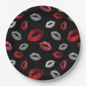 Valentines Red Silver Glitter Lips on Black ペーパープレート (正面)