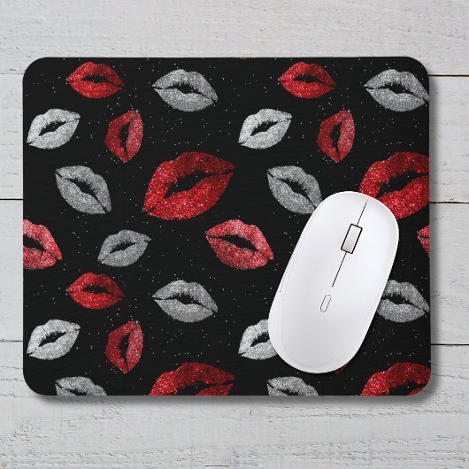 Valentines Red Silver Glitter Lips on Black  マウスパッド