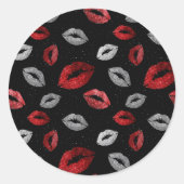 Valentines Red Silver Glitter Lips on Black  ラウンドシール (正面)