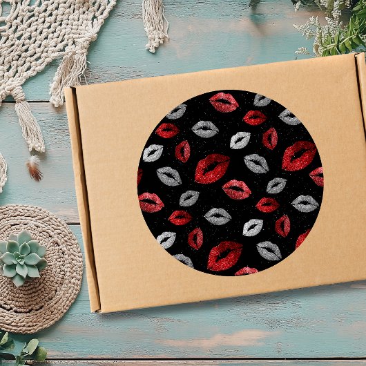Valentines Red Silver Glitter Lips on Black  ラウンドシール