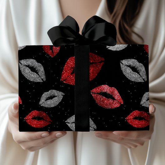 Valentines Red Silver Glitter Lips on Black  ラッピングペーパー