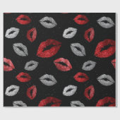 Valentines Red Silver Glitter Lips on Black  ラッピングペーパー (フラット)