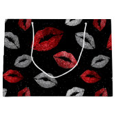 Valentines Red Silver Glitter Lips on Black  ラージペーパーバッグ (正面)