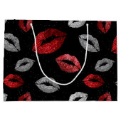 Valentines Red Silver Glitter Lips on Black  ラージペーパーバッグ (裏面)