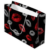Valentines Red Silver Glitter Lips on Black  ラージペーパーバッグ (正面アングル)