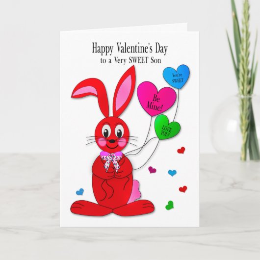 Valentines  Son Red Bunny Heart Balloons カード (正面)