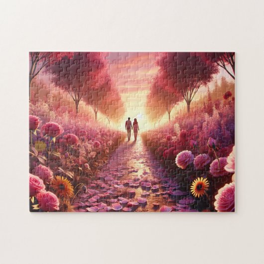 Valentine's Sunset Flower Path Romantic Couple ジグソーパズル (横)