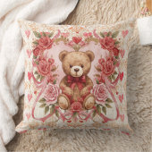 Valentine's ,Teddy Bear,Pink Love Heart and Flower クッション (ブランケット)