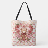 Valentine's ,Teddy Bear,Pink Love Heart and Flower トートバッグ (裏面)