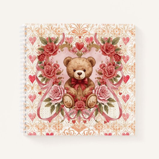 Valentine's ,Teddy Bear,Pink Love Heart and Flower ノートブック (正面)