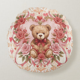Valentine's ,Teddy Bear,Pink Love Heart and Flower ラウンドクッション