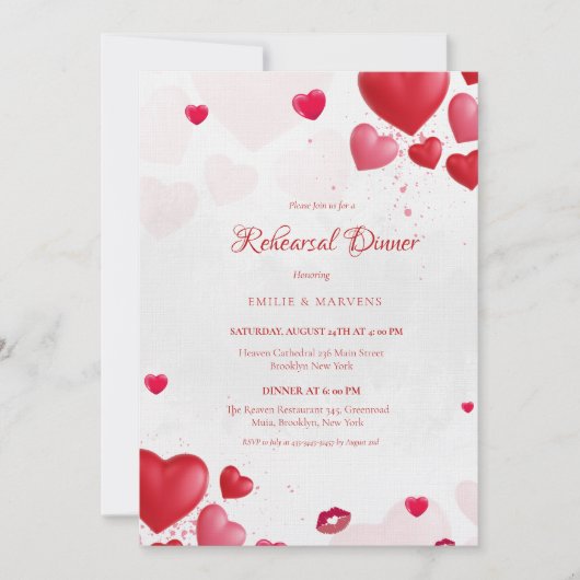 Valentne pink and red heart Rehearsal Dinner 招待状 (正面)