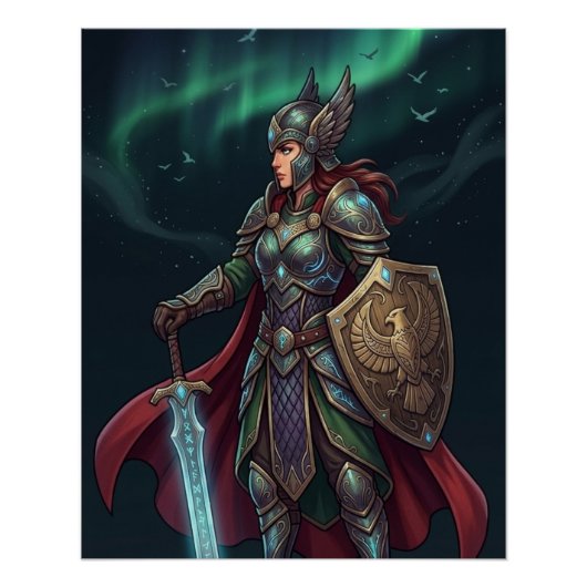 Valkyrie Warrior Goddess In Green Armor ポスター (正面)
