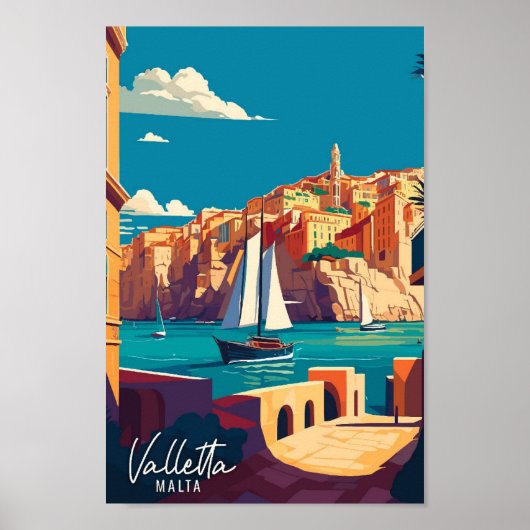Valletta Malta Art vintage travel illustration ポスター (正面)