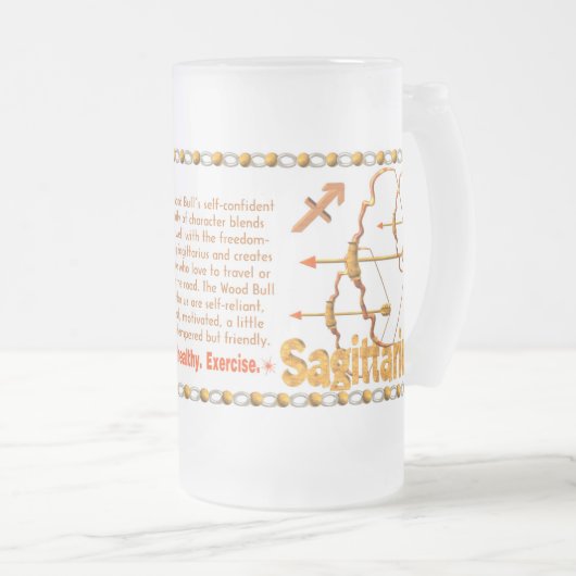 Valxartの1985年の(占星術の)十二宮図の木製の雄牛の生まれる射手座 フロストグラスビールジョッキ (正面右)