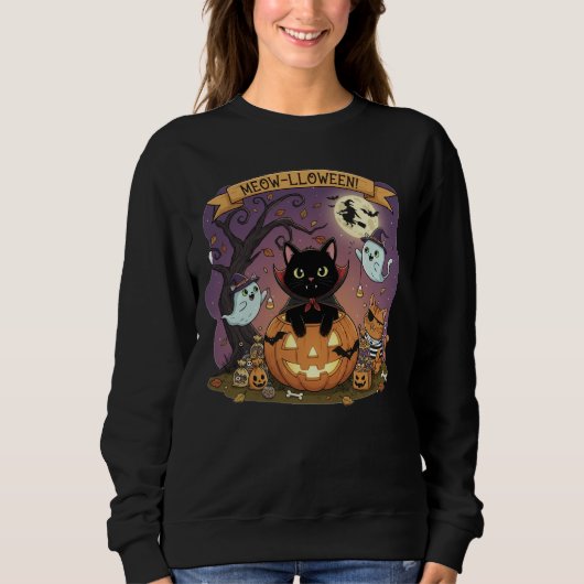 Vampire Black Cat Halloween Sweatshirt スウェットシャツ (正面)