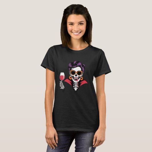 Vampire Skeleton Woman with Wine Funny Halloween A Tシャツ (正面フル)