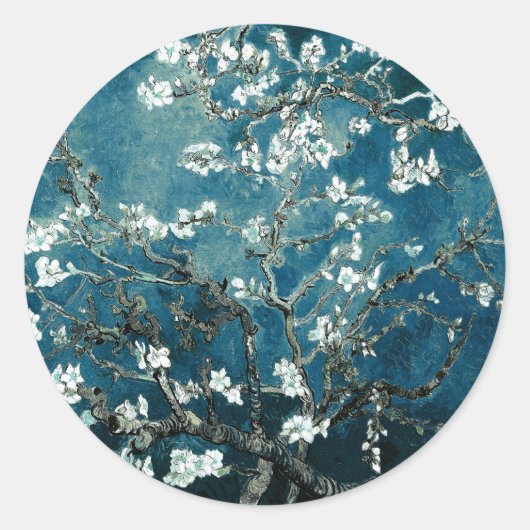 Van Gogh Almond Blossoms Dark Teal ラウンドシール (正面)