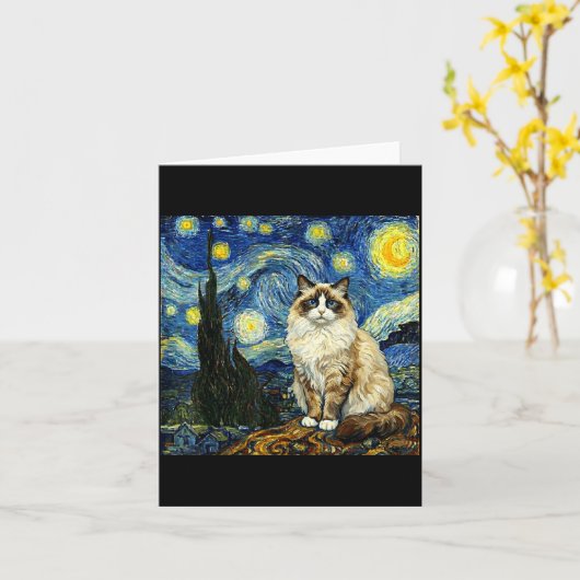 Van Gogh Art Starry Night - Funny Ragdoll Cat Arti カード (黄色い花)