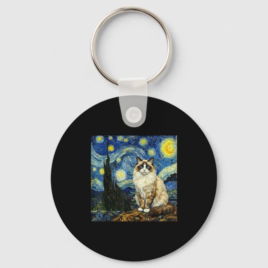 Van Gogh Art Starry Night - Funny Ragdoll Cat Arti キーホルダー (正面)
