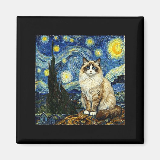 Van Gogh Art Starry Night - Funny Ragdoll Cat Arti マグネット (正面)