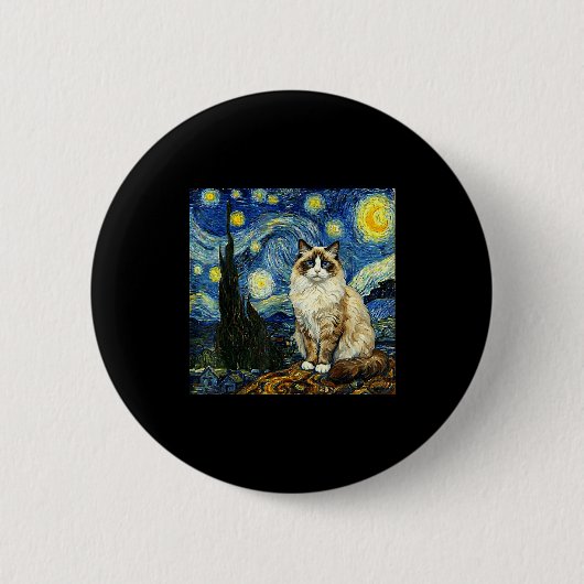 Van Gogh Art Starry Night - Funny Ragdoll Cat Arti 缶バッジ (正面)