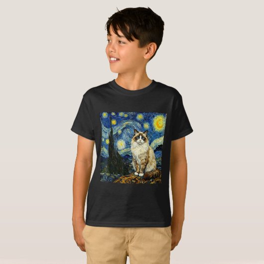 Van Gogh Art Starry Night - Funny Ragdoll Cat Arti Tシャツ (正面フル)