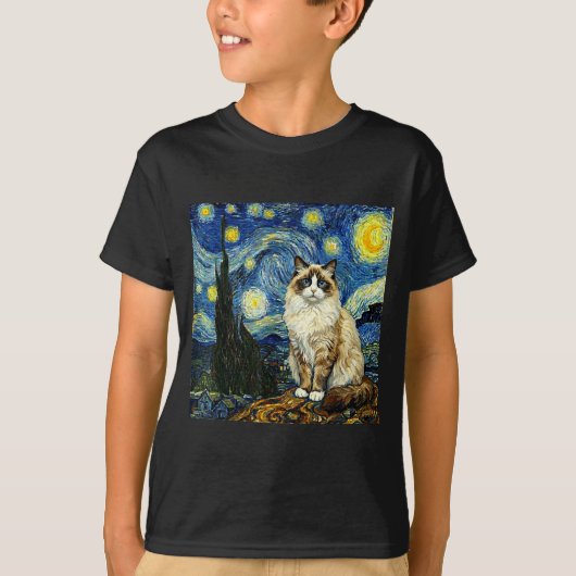 Van Gogh Art Starry Night - Funny Ragdoll Cat Arti Tシャツ (正面)